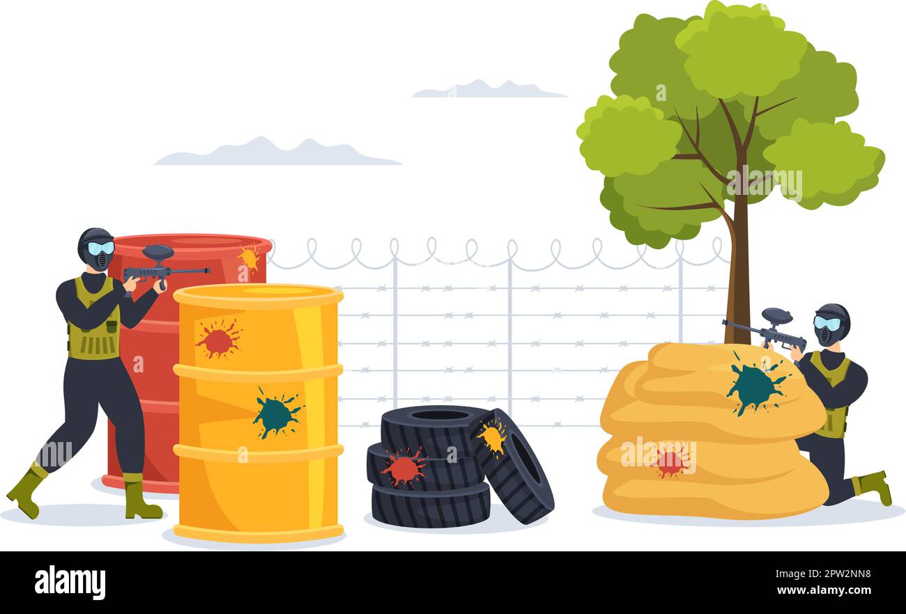 Les gens jouant Paintball de Fighter joueur de tir avec tir de canon, but, attaque dans la scène de champ dans le dessin à la main de dessin-modèle de dessin-modèle plat Illustration de Vecteur