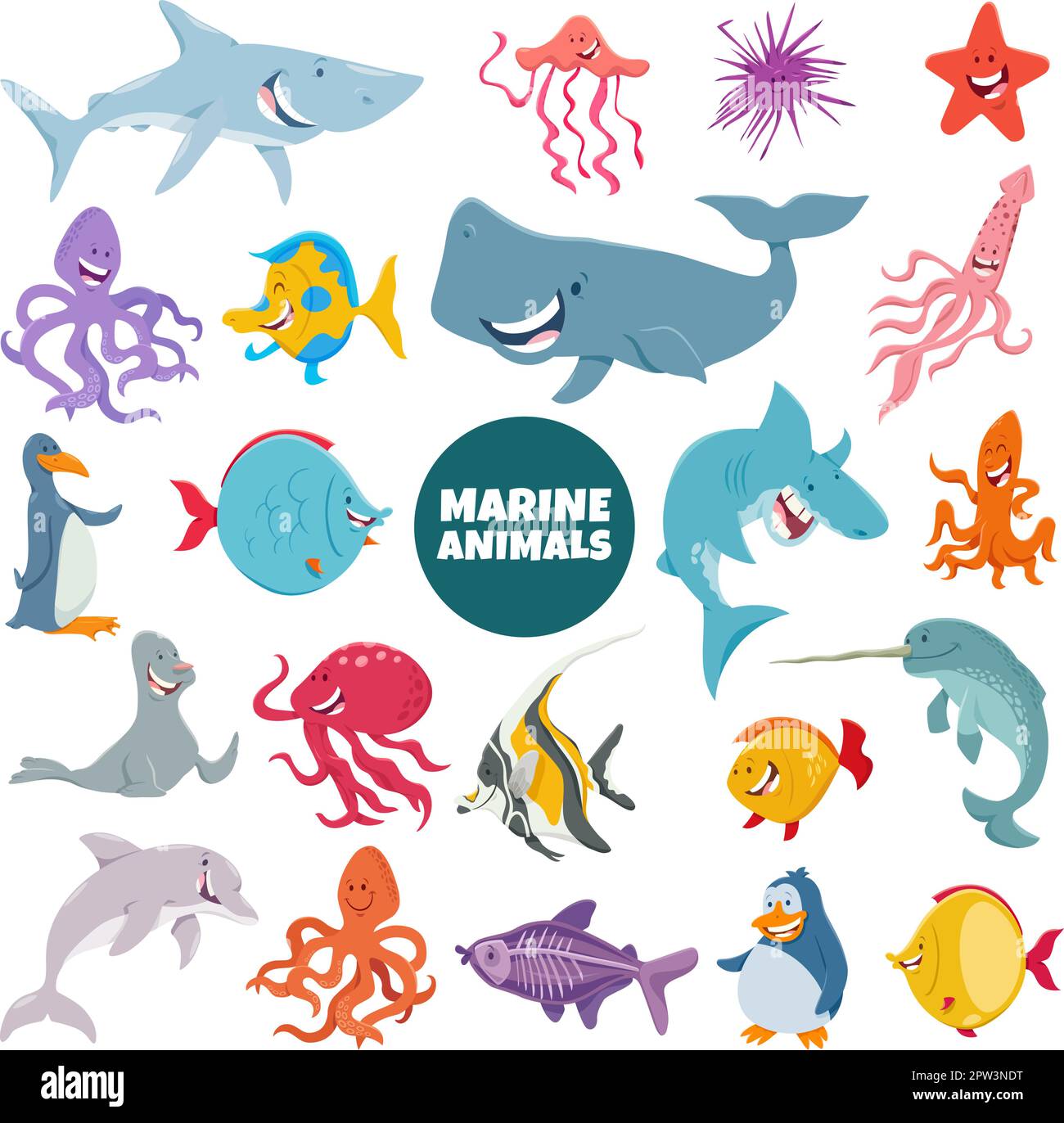 grand ensemble de personnages d'animaux marins de dessin animé Illustration de Vecteur
