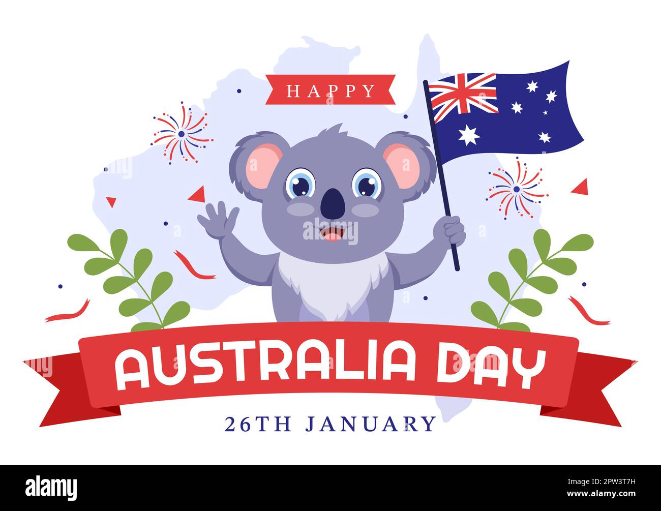 Happy Australia Day observé chaque année sur 26 janvier avec drapeaux et koalas en dessin animé à la main Banque D'Images