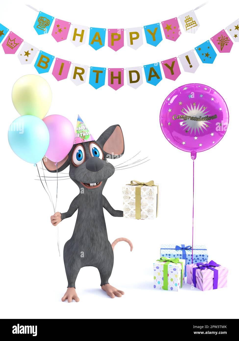 Souris blanche avec son ballon et cadeau - Girl