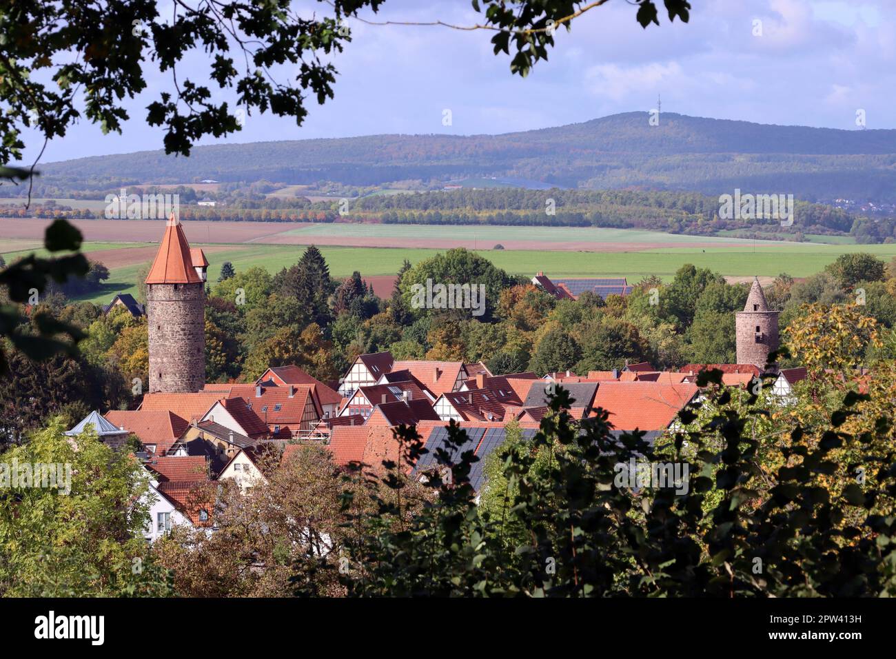 Blick von der Burgruine auf die historische Altstadt, Hessen, Deutschland, Grebenstein Banque D'Images