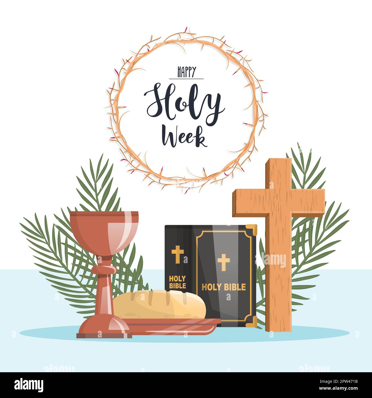 Semaine Sainte. Pain et calice, la croix, les branches de palmier, la couronne d'épines et la bible Illustration de Vecteur