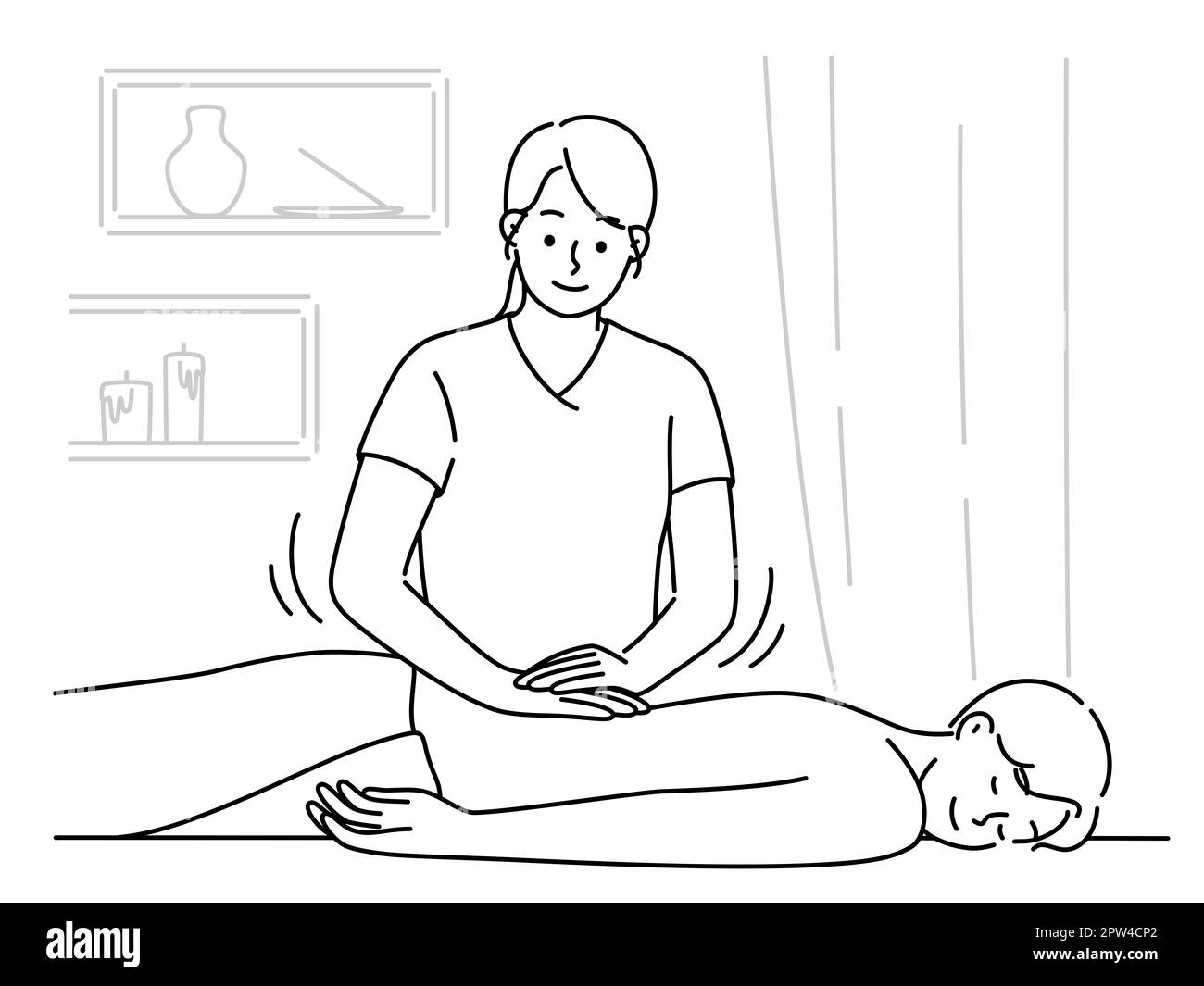 Femme physiothérapeute faire un massage manuel au client masculin dans le salon. Masseuse massant le dos du patient pour le stress ou le soulagement de la douleur. Concept de relaxation. Vecteur Banque D'Images