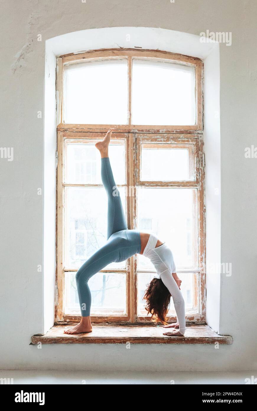 Vue latérale de la femme calme dans les vêtements de sport pratiquant le yoga en posture tout en équilibrant sur les bras et en regardant loin Banque D'Images