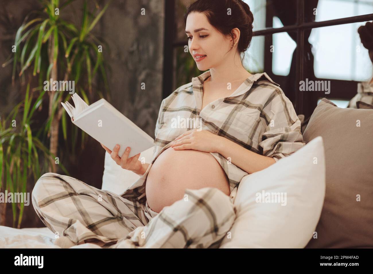 Jeune femme enceinte heureuse et attrayante dans un livre de lecture à domicile, touchant le ventre tout en se reposant sur un canapé à la maison, femme enceinte expectative portant Banque D'Images