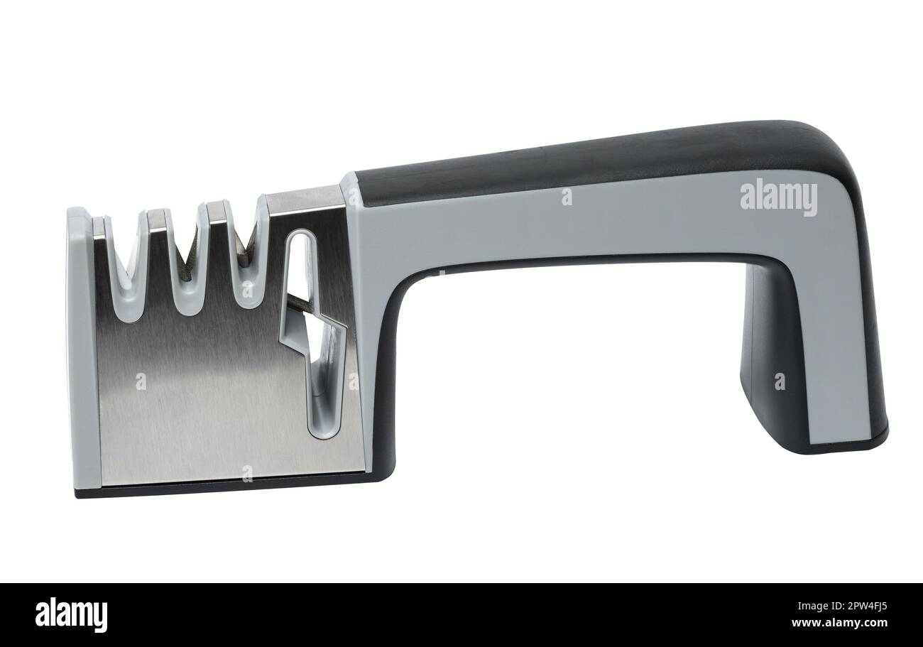 Affûteuse manuelle pour couteaux de cuisine sur fond blanc Banque D'Images