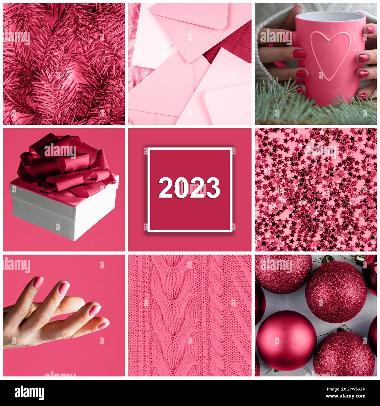 Couleur de l'année 2023 Viva Magenta. Collage de Noël carré de neuf arrière-plans tendance de carmin Shade Banque D'Images