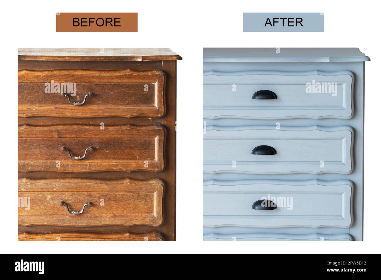 Restauration de meubles anciens. Rénovation de la commode. Avant-après. Banque D'Images Restauration de meubles anciens. Rénovation de la commode. Avant-après. Banque D'Images