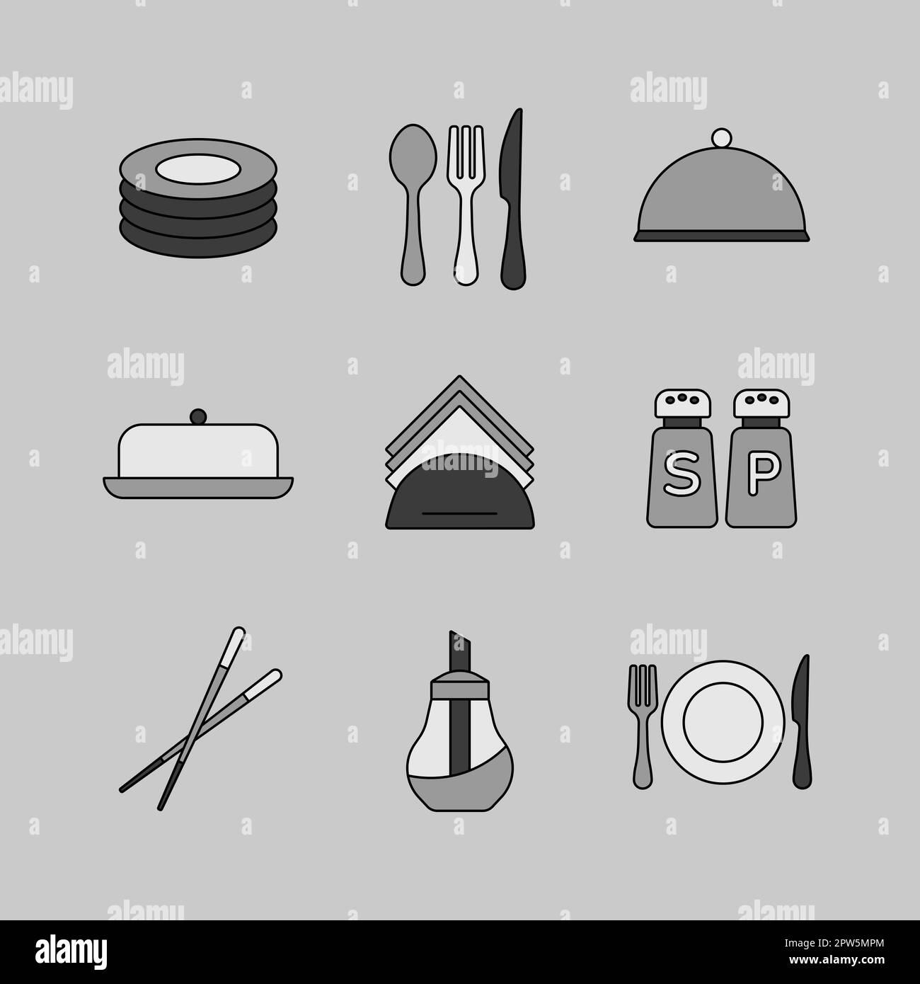 Ensemble d'icônes de niveaux de gris vectoriels du restaurant. Panneau indiquant les repas servis. Symbole graphique pour le site Web de cuisine et la conception d'applications, le logo, l'application, l'interface utilisateur Banque D'Images