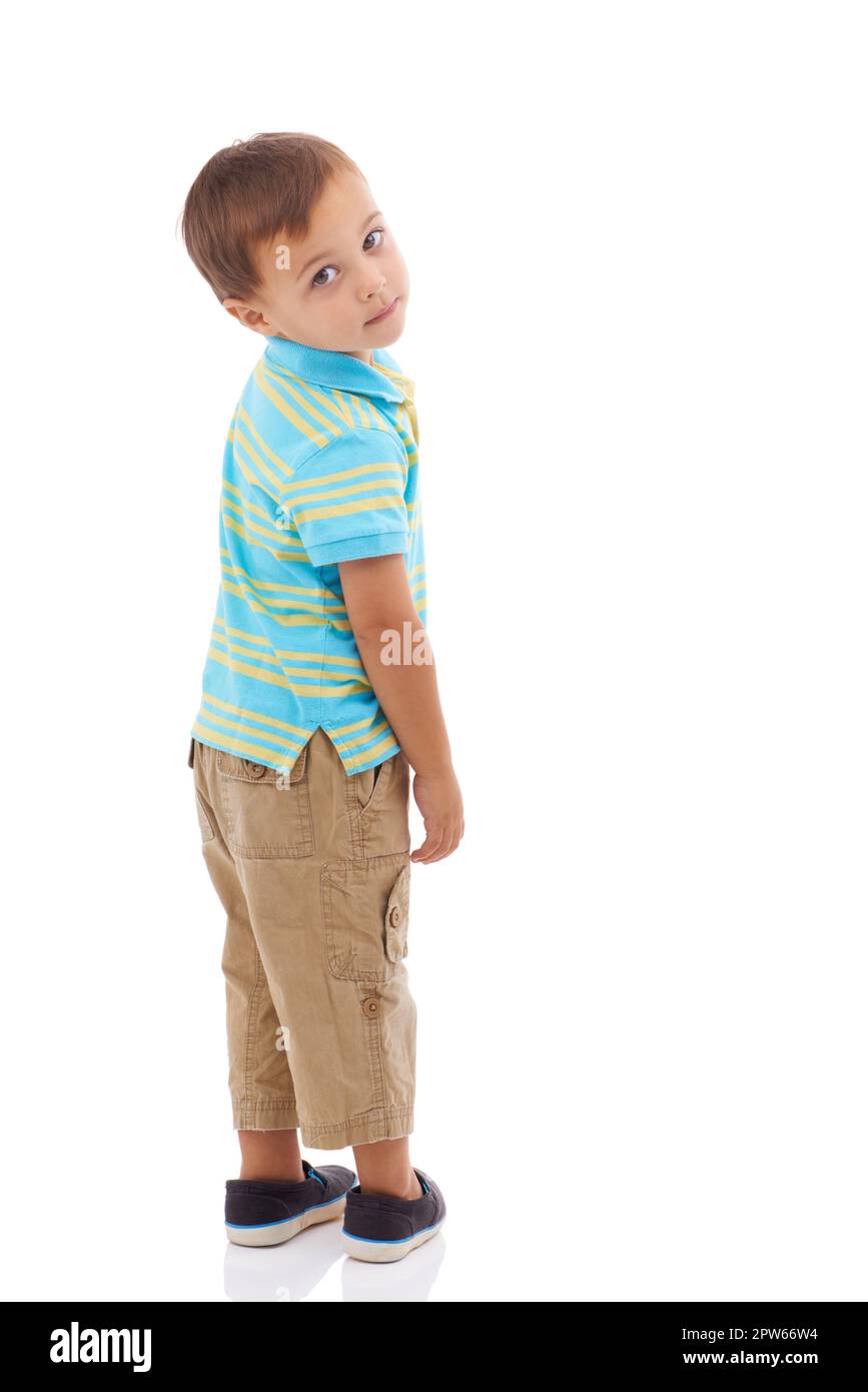 HES déjà élégant. Plein studio de prise de vue d'un jeune garçon mignon isolé sur blanc Banque D'Images