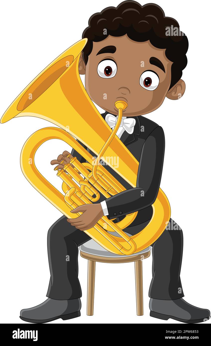 Petit garçon de dessin animé jouant un trombone Illustration de Vecteur