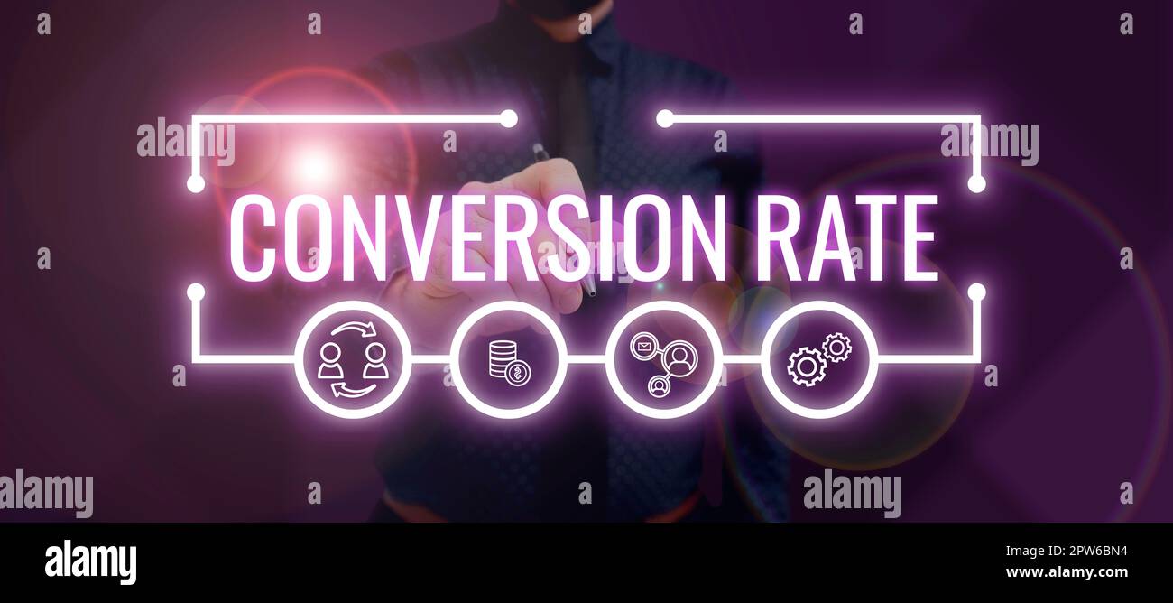 Affiche affichant le taux de conversion, nombre de visiteurs d'une idée d'affaires à un site Web qui complètent un objectif désiré Banque D'Images