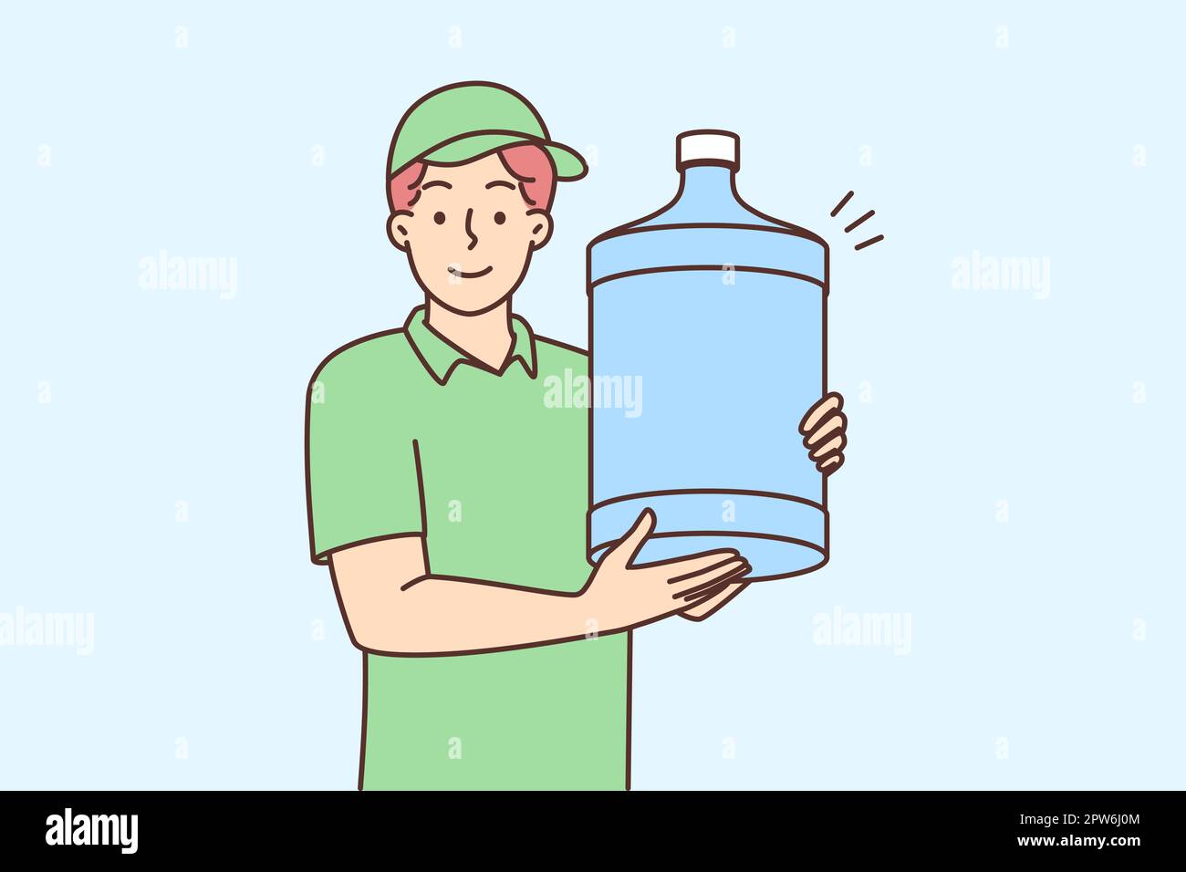 L'homme travaille comme l'homme de livraison d'eau tenant une grande bouteille de refroidisseur d'eau dans les mains Illustration de Vecteur