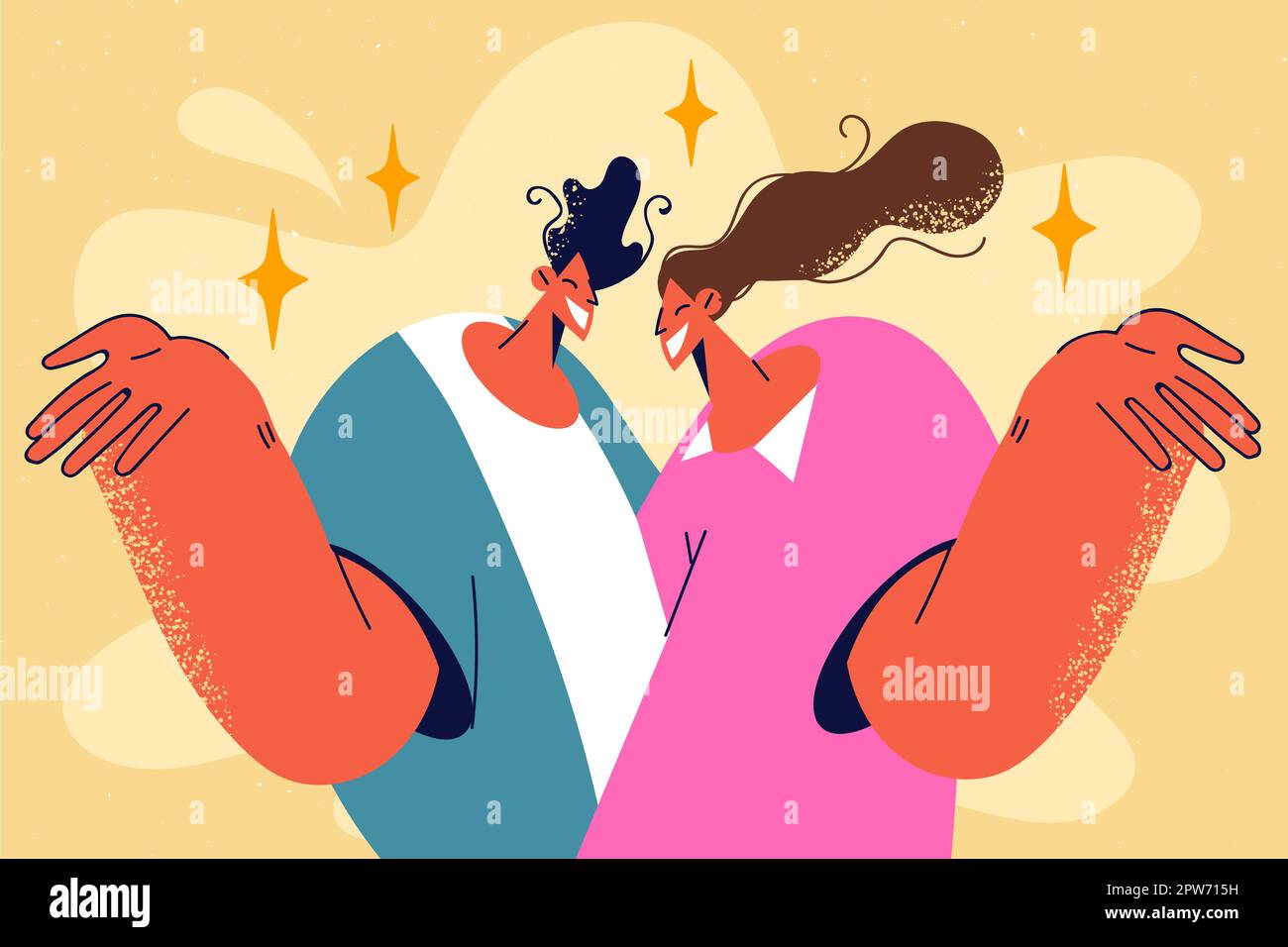 Un couple souriant fait se poser le geste de la main ensemble Illustration de Vecteur