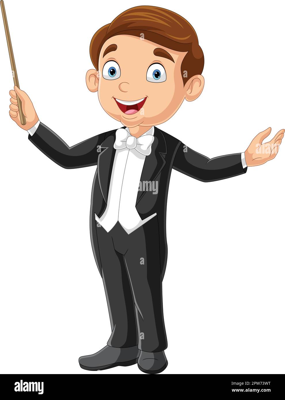Chef d'orchestre de garçon de dessin animé dirigeant avec le bâton Illustration de Vecteur
