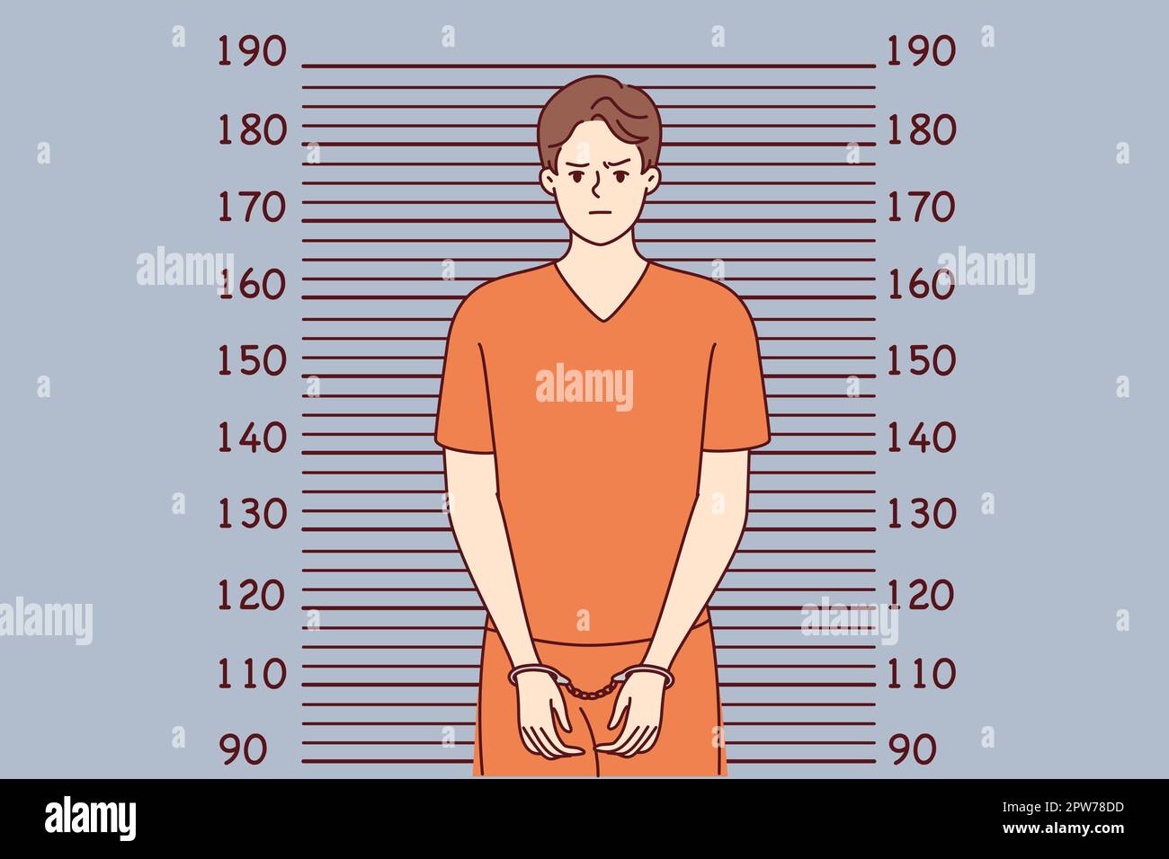 Homme dans les menottes et les vêtements de prison orange se tient près des lignes pour mesurer la hauteur. Image vectorielle Illustration de Vecteur