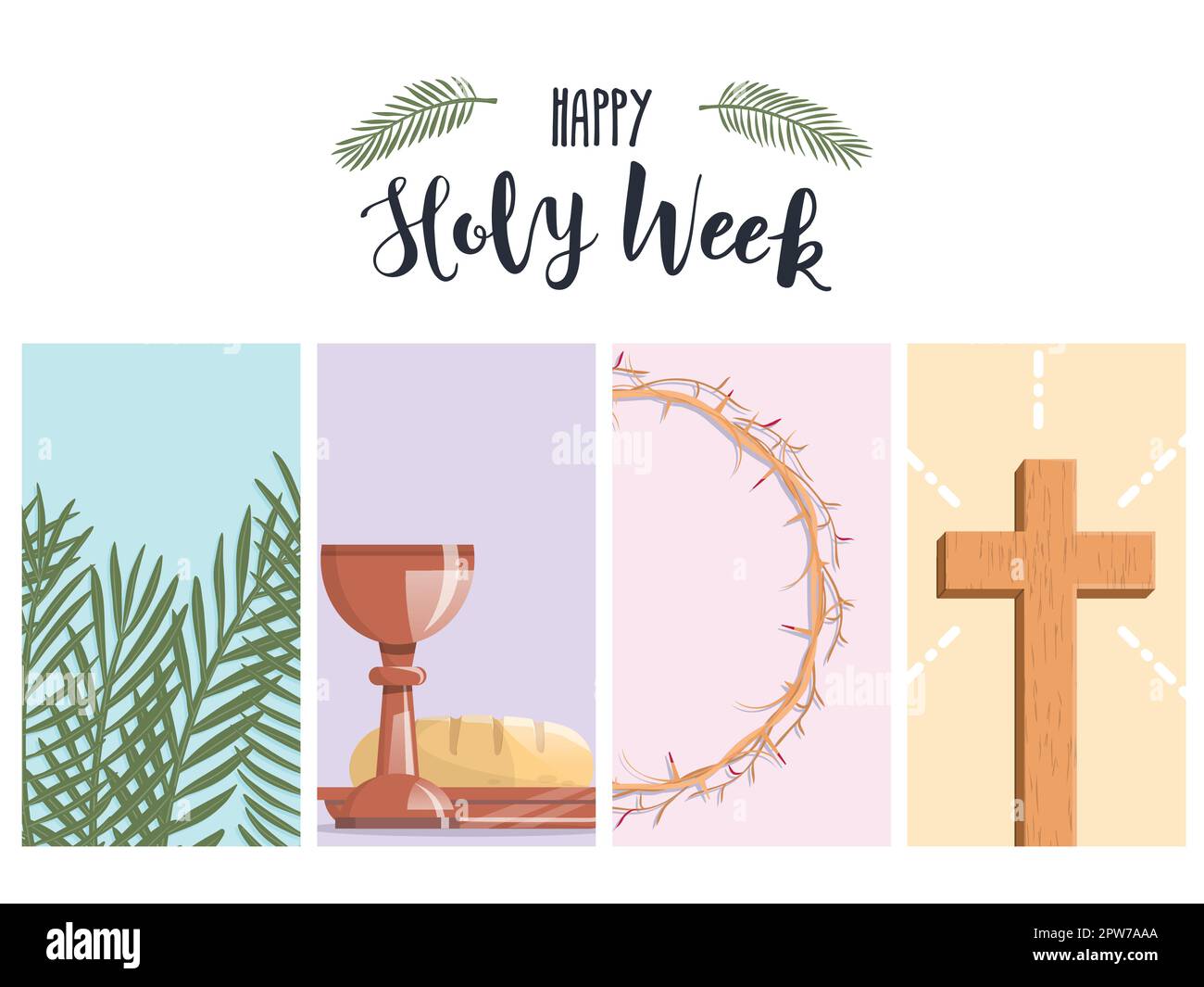 Bannière de la semaine sainte avec branches de palmier, dernier souper, couronne d'épines et croix Illustration de Vecteur