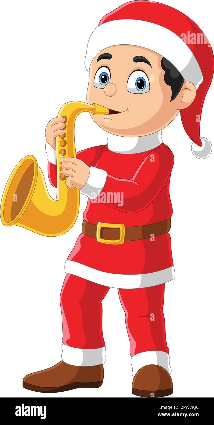Dessin animé petit garçon en rouge santa vêtements jouant la trompette d'or Illustration de Vecteur