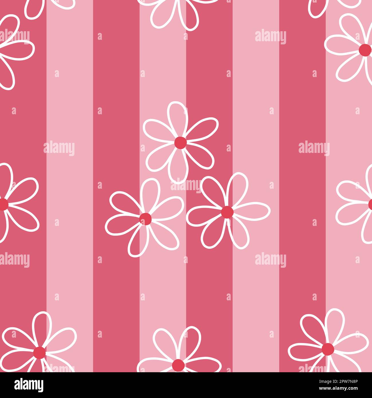 Motif fleuri rayé sans couture. Lignes verticales roses ombrées et fleurs blanches dessinées par nand. Imprimé raster sur toute la surface Banque D'Images