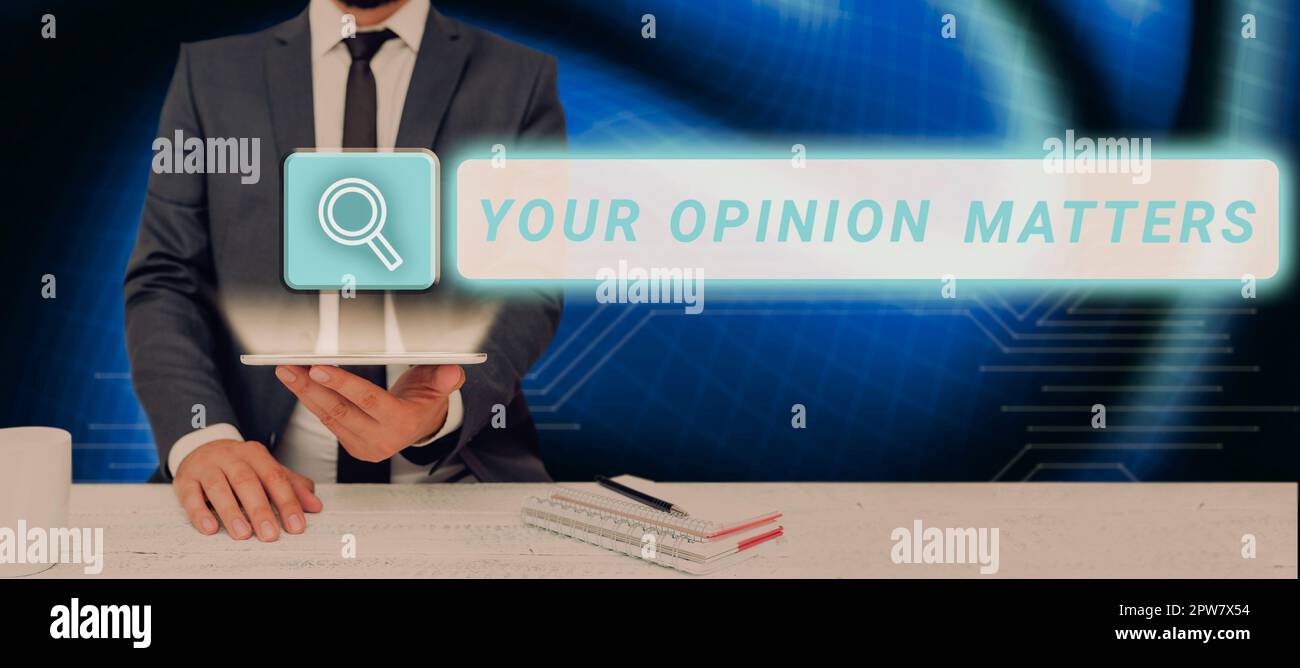 Légende conceptuelle votre opinion compte, mot pour avoir votre mot pour fournir une précieuse contribution à améliorer Banque D'Images