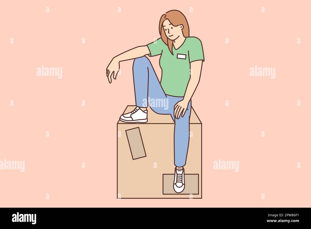 Une assistante de boutique s'assoit sur une grande boîte avec de nouvelles marchandises mises en vente Illustration de Vecteur