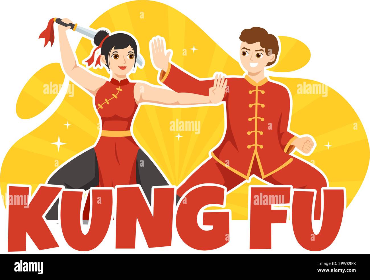 Kung Fu Illustration avec des gens montrant l'art martial de sport chinois dans le dessin à la main de dessin à la main pour le Web Banner ou les modèles de page d'arrivée Illustration de Vecteur