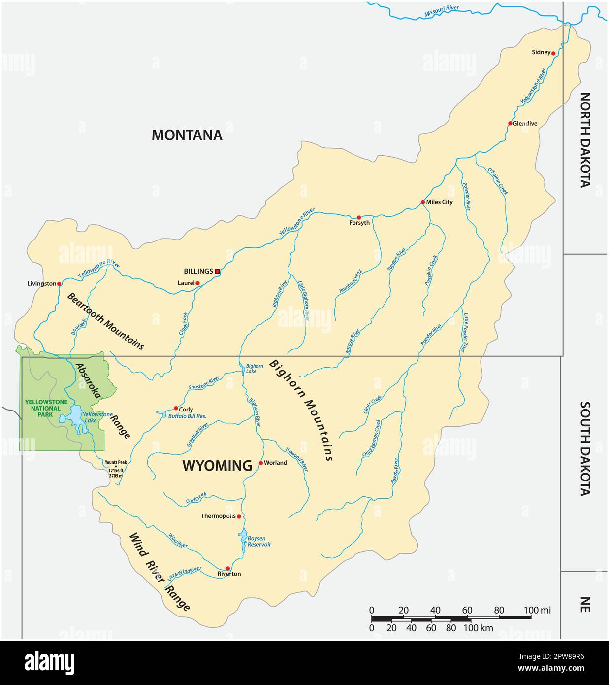 Carte vectorielle du bassin versant de Yellowstone dans le Montana et le Wyoming, États-Unis Illustration de Vecteur
