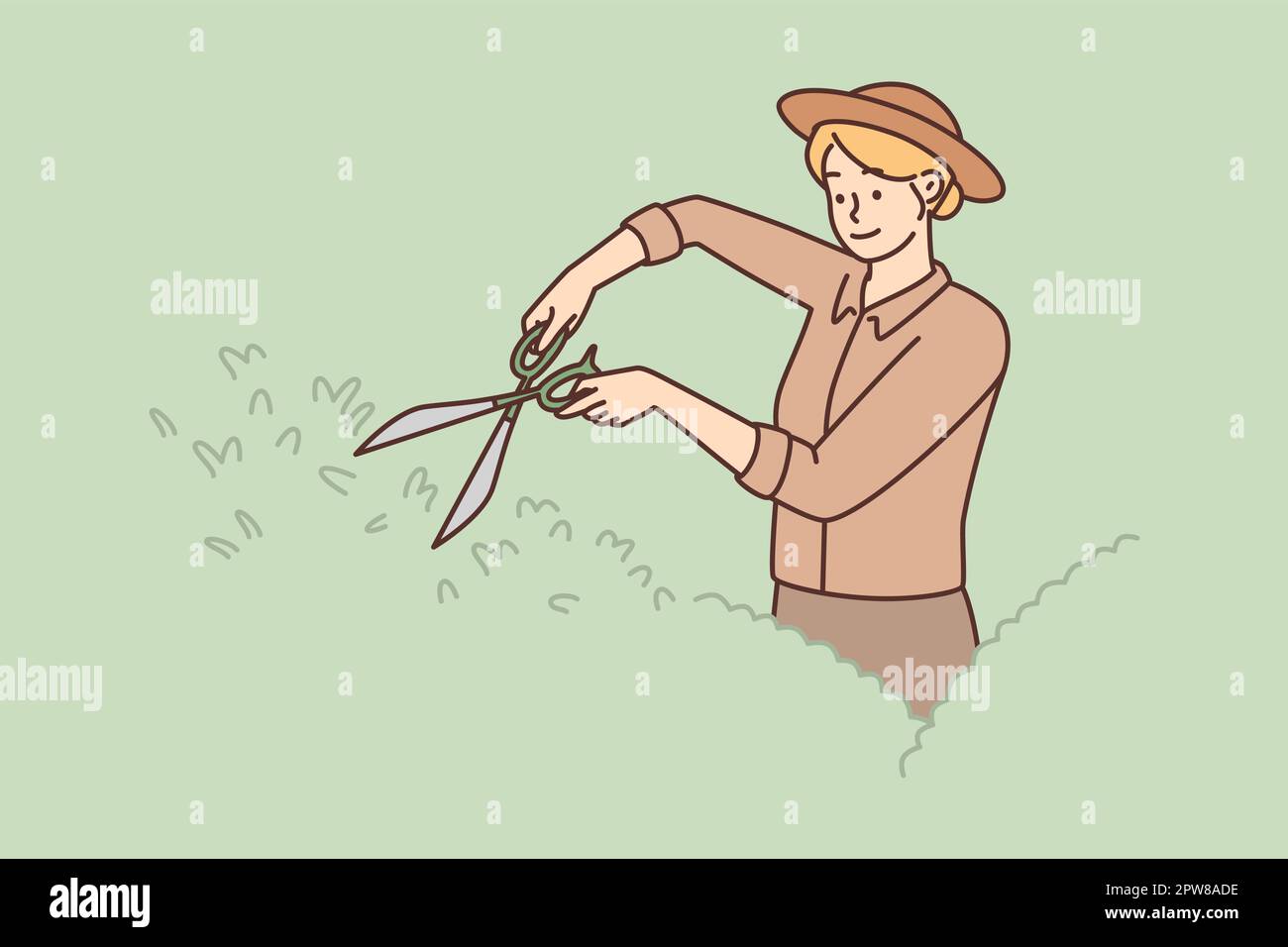 Femme jardinier utilise de grands ciseaux pour former des buissons et enlever les brindilles malades Illustration de Vecteur