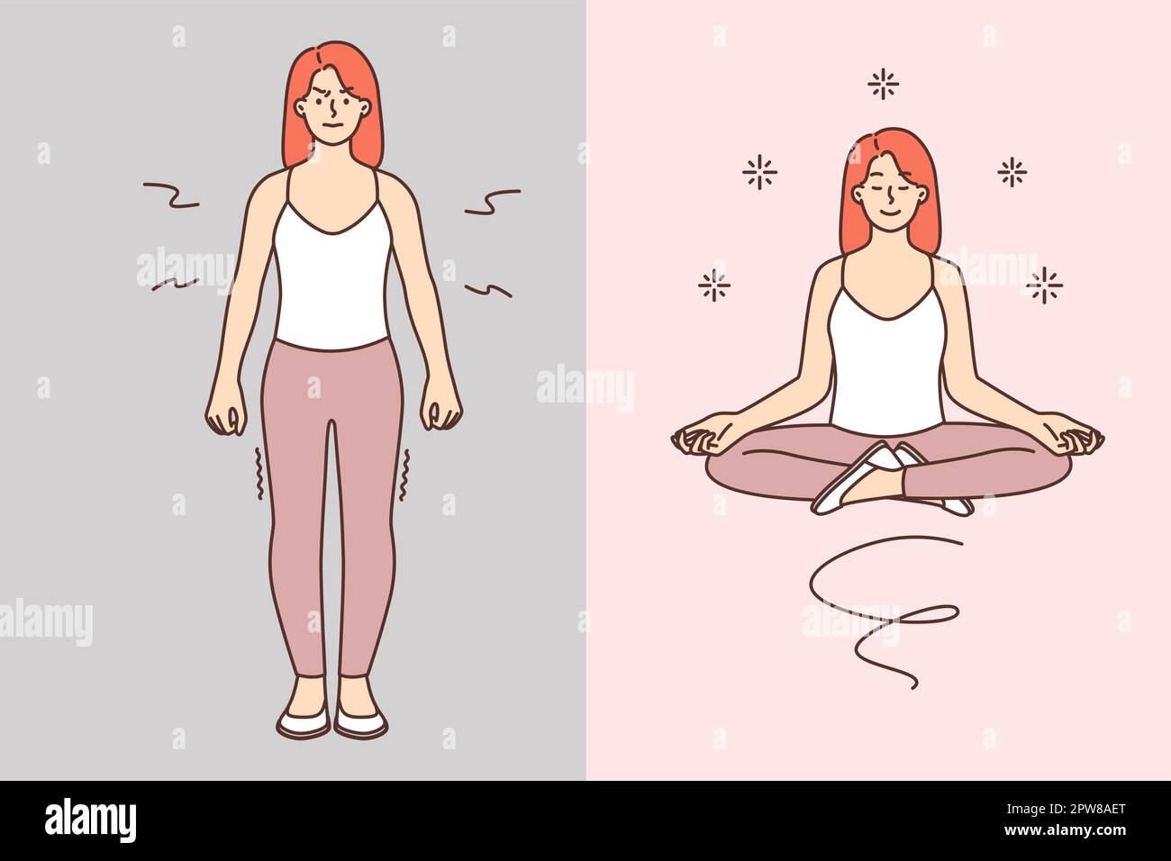 La femme en colère devient calme après la pratique de méditation depuis le yoga en position lotus Illustration de Vecteur