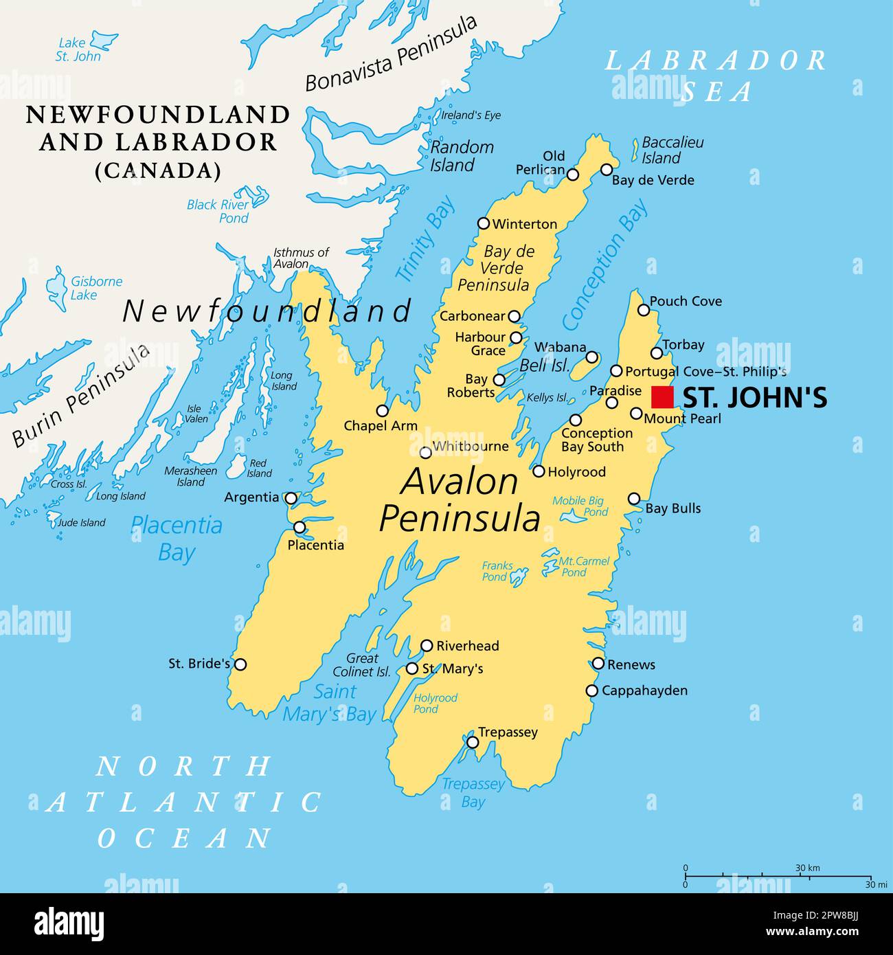 Péninsule d'Avalon, carte politique, une partie de l'île de Terre-Neuve Illustration de Vecteur