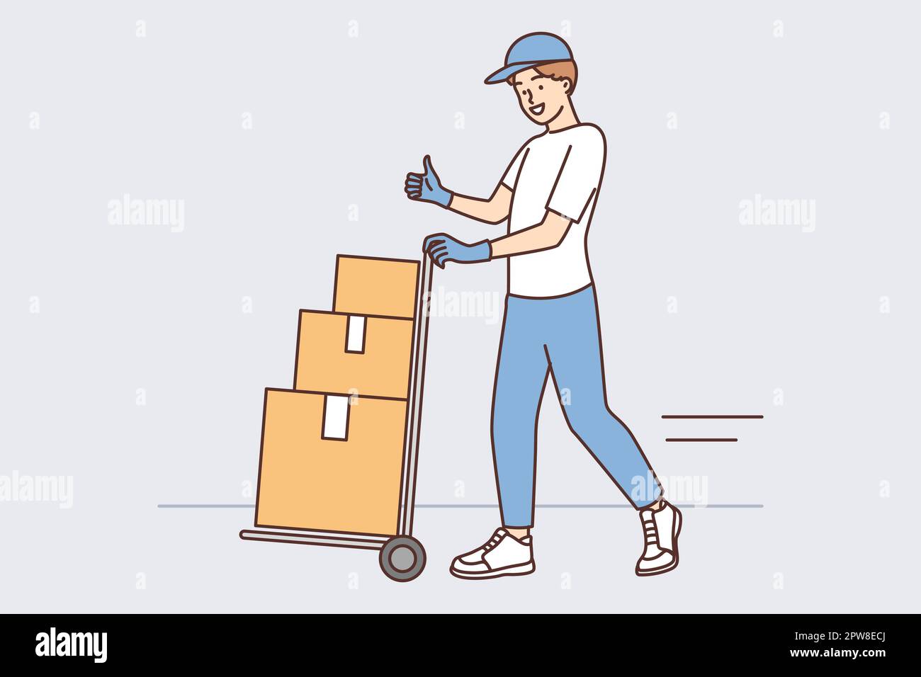 L'employé de l'entrepôt porte un chariot de chargement avec des boîtes en carton et montre les pouces vers le haut Illustration de Vecteur