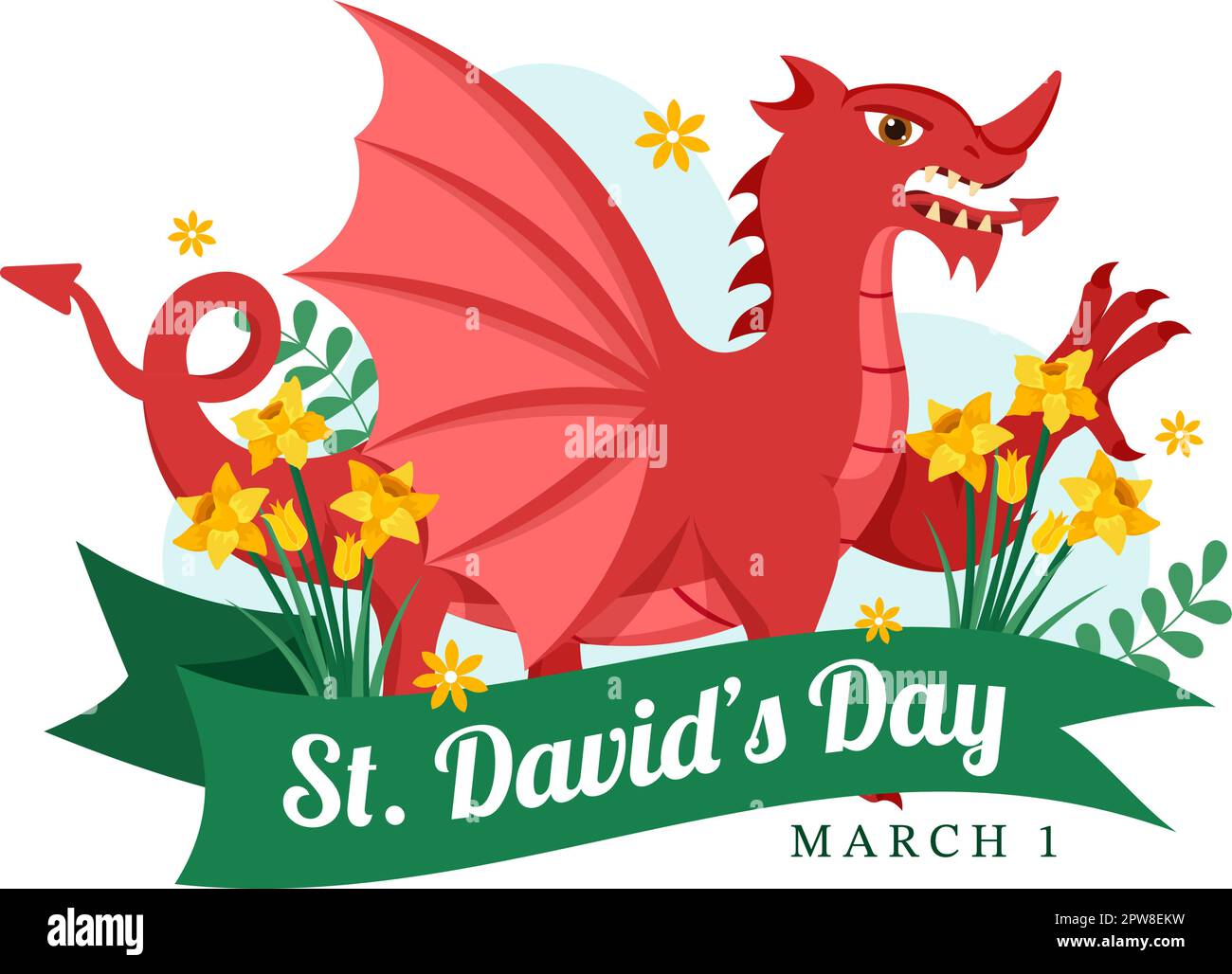 Bonne Saint-David sur l'illustration 1 mars avec Dragons gallois et jonquilles jaunes pour la page d'arrivée dans des modèles dessinés à la main de dessin animé à plat Illustration de Vecteur