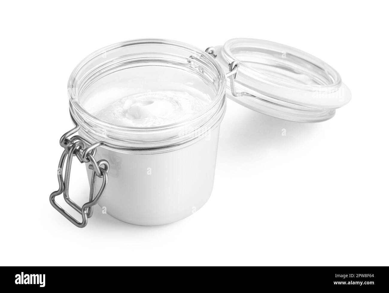 un pot ouvert de crème isolé sur fond blanc avec un masque Banque D'Images