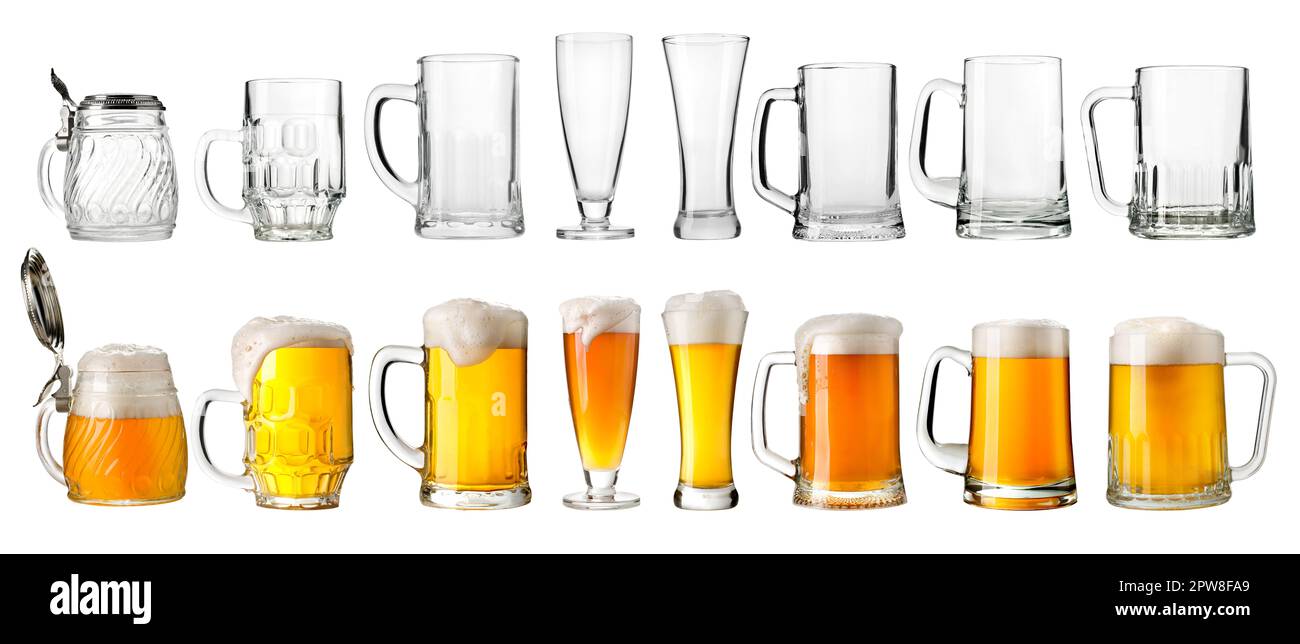 Collection vide de verres à bière et de mugs isolée sur fond blanc Banque D'Images
