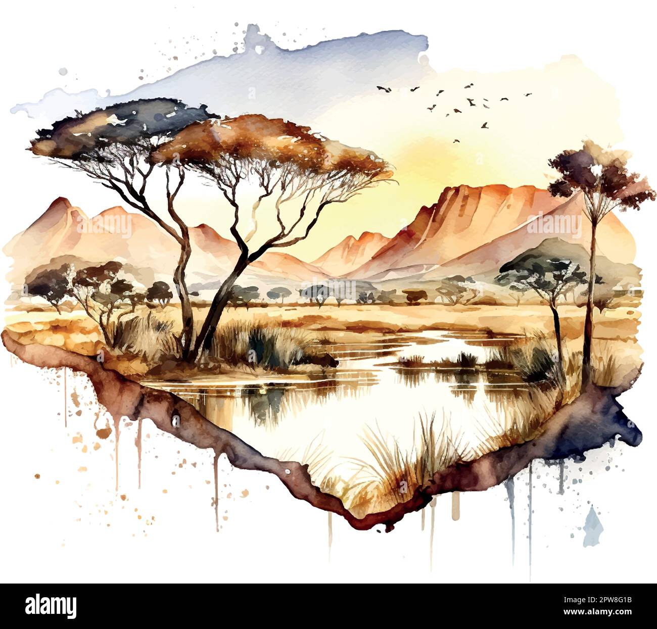 Illustration horizontale vectorielle pastel avec paysage africain, herbe de prairie et acacia. Illustration de Vecteur
