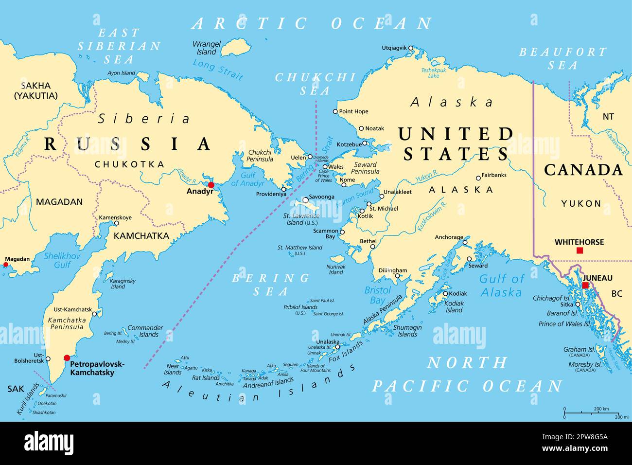Frontière maritime entre la Russie et les États-Unis, carte politique Illustration de Vecteur