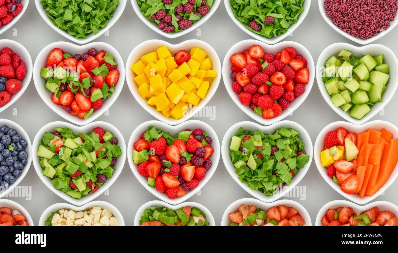 Une alimentation saine pour le cœur. Aliments sains choix de nourriture propre : fruits, légumes, graines, superaliments, légumes sur fond de béton gris. Une alimentation saine. Gène Banque D'Images