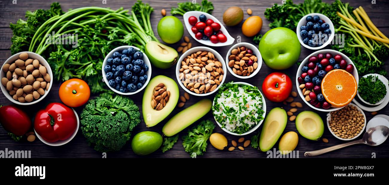 Alimentation saine: Fruits, légumes, graines, superalimentation, céréales, légume feuille sur fond de béton gris. Nourriture santé pour la remise en forme avec des fruits et légumes Banque D'Images