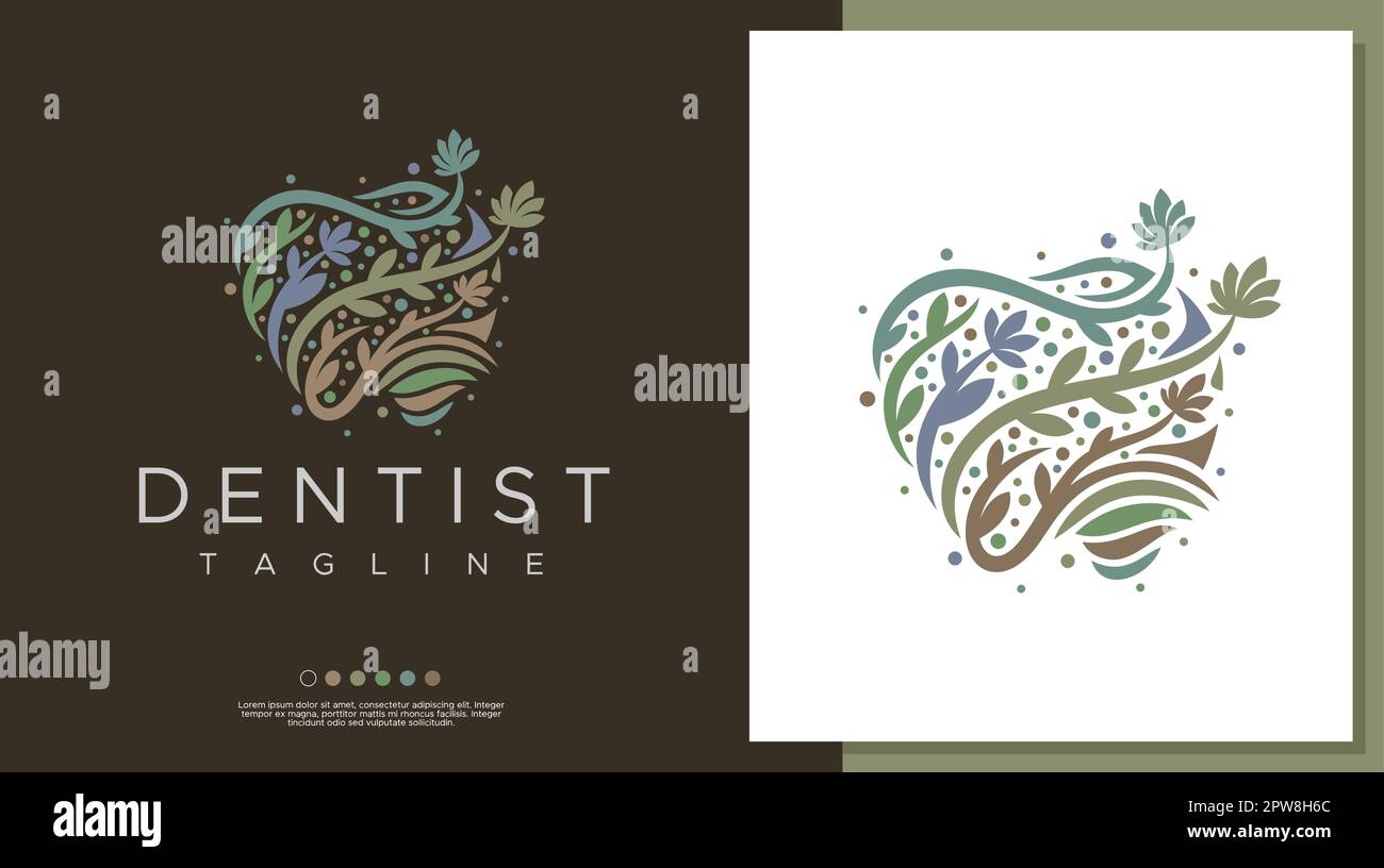 Modèle décoratif avec logo floral dentaire. Motif vectoriel du logo de la dent des feuilles. Illustration de Vecteur