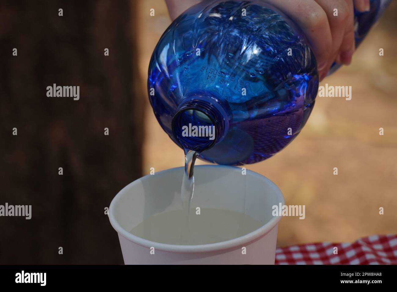 Verser de l'eau claire en bouteille dans une tasse en papier blanc Banque D'Images