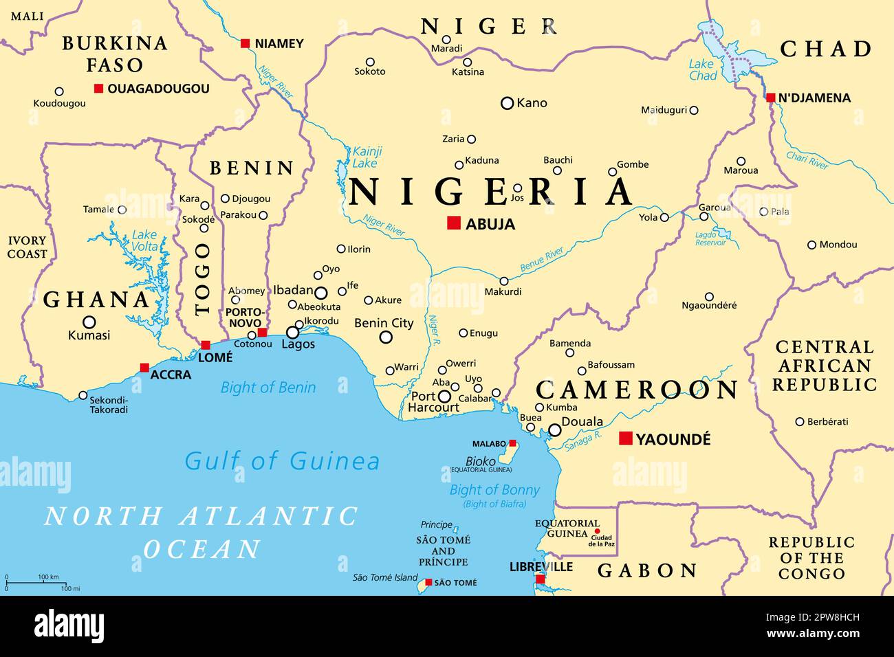 Nigéria et pays de l'Afrique de l'Ouest sur le golfe de Guinée, carte politique Illustration de Vecteur