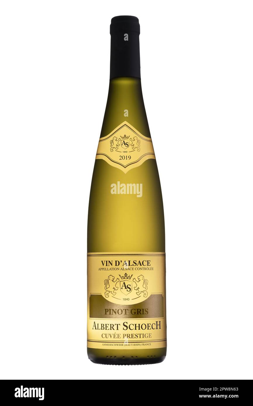 Photo d'Albert schoech Pinot gris Alsace bouteille isolée sur blanc. Banque D'Images