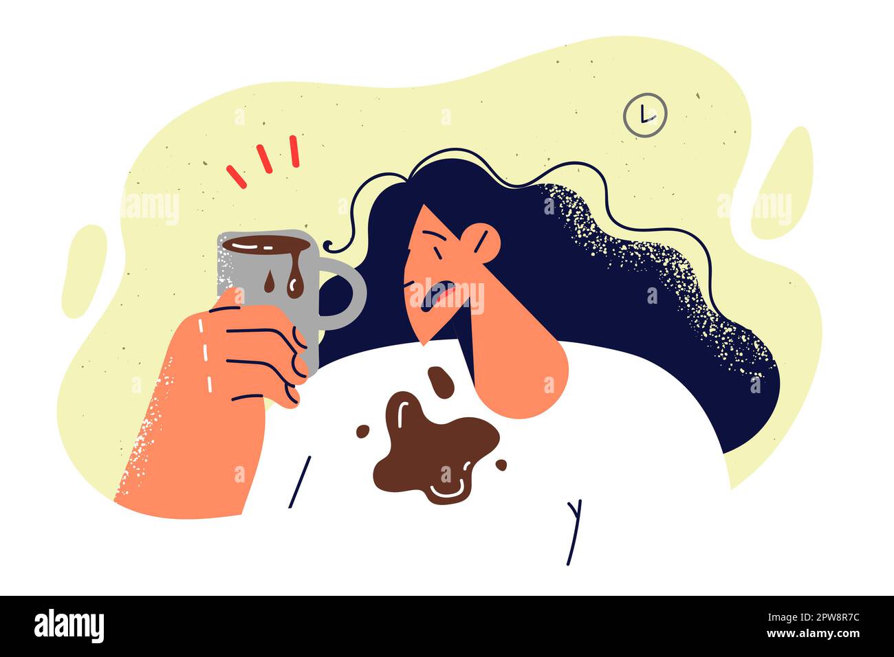 Une femme a accidentellement renversé du café sur un T-shirt pendant le petit-déjeuner ou les pauses-travail Illustration de Vecteur