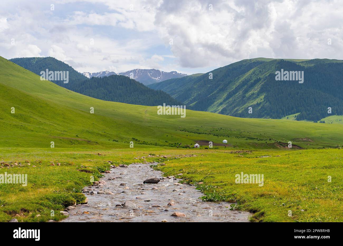 Belle nature du Kazakhstan sur le plateau d'Assy en été. Rivière de montagne, collines verdoyantes et yourtes blancs. Banque D'Images