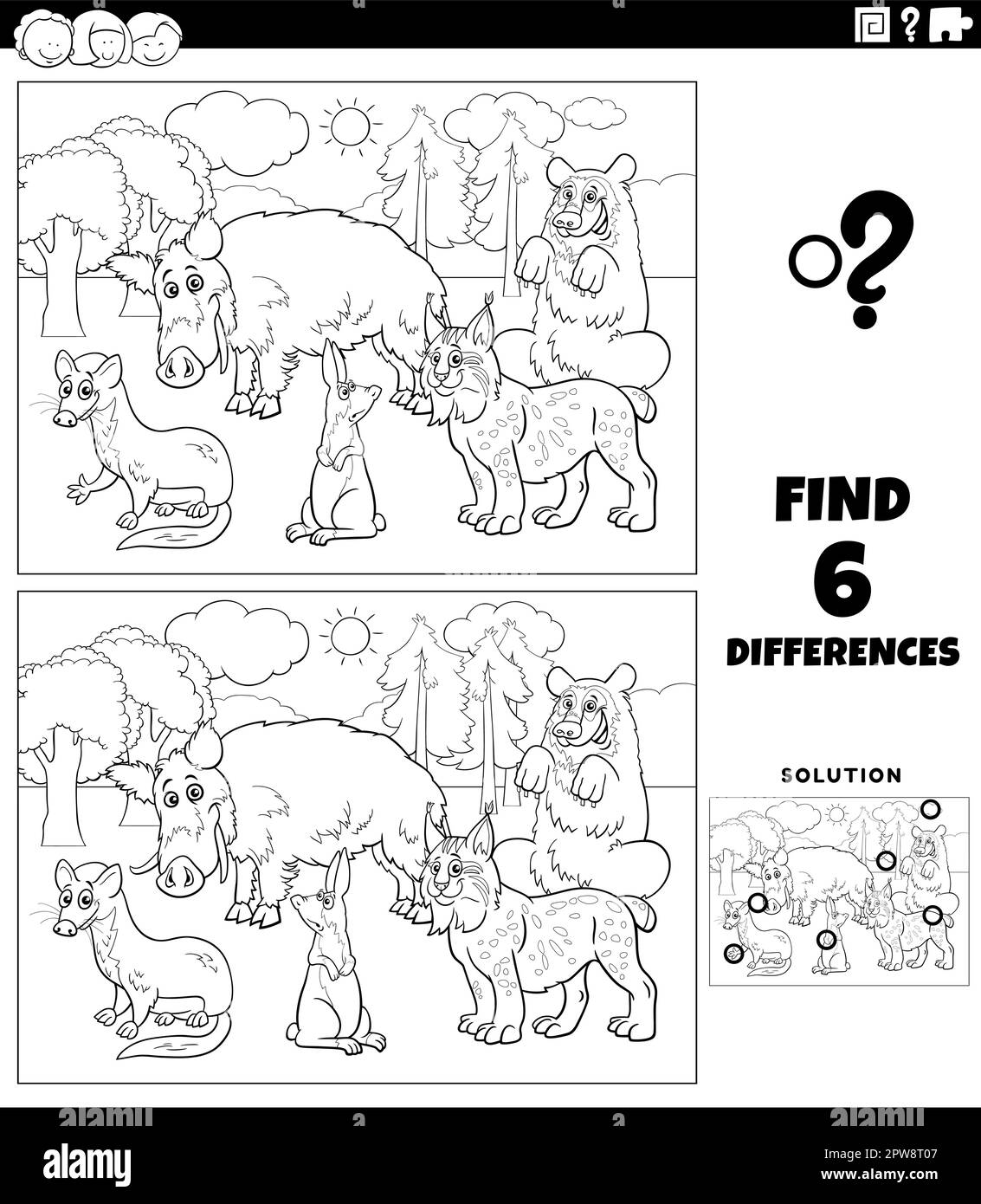 jeux de différences avec la page de coloriage d'animaux sauvages de bande dessinée Illustration de Vecteur