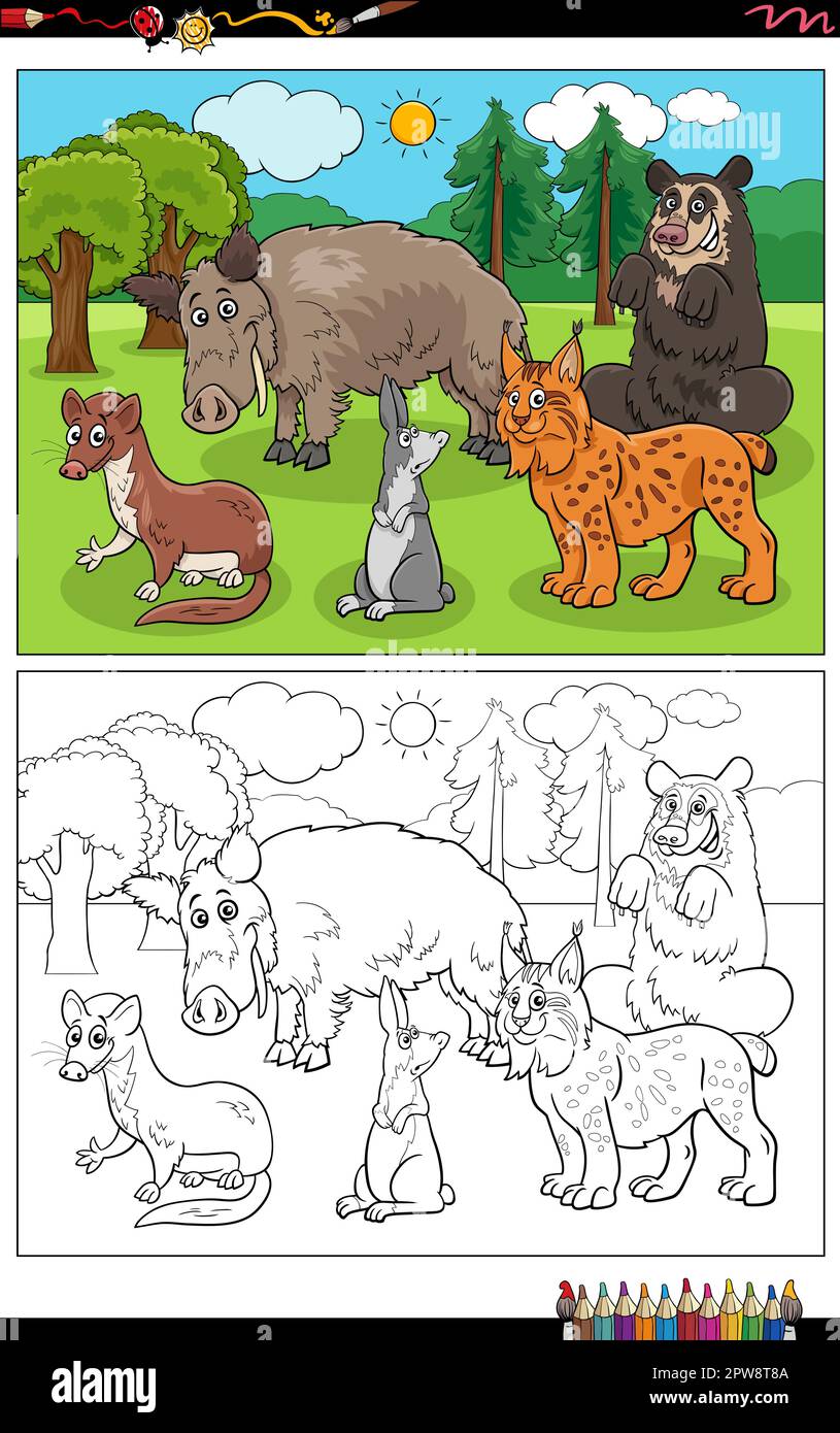 bande dessinée animaux sauvages caractères groupe de coloriage page Illustration de Vecteur