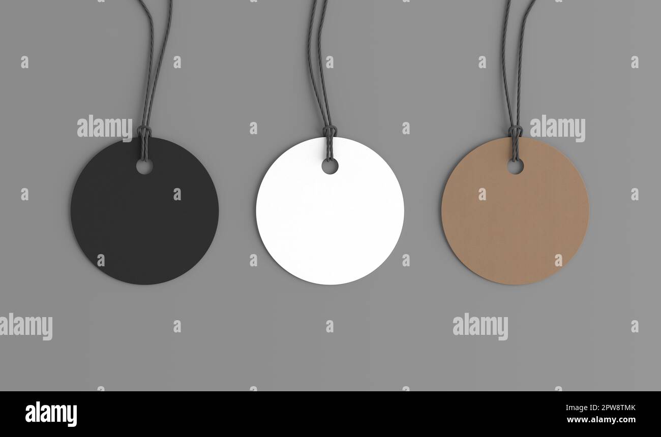 Maquette d'étiquettes rondes blanches, en carton, noires sur fond gris. Voir directement au-dessus Banque D'Images