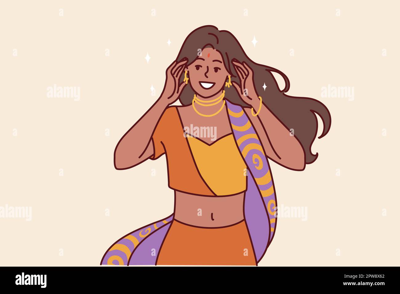 Femme en costume national indien sari et bijoux d'or pour la danse traditionnelle ou la cérémonie de mariage Illustration de Vecteur