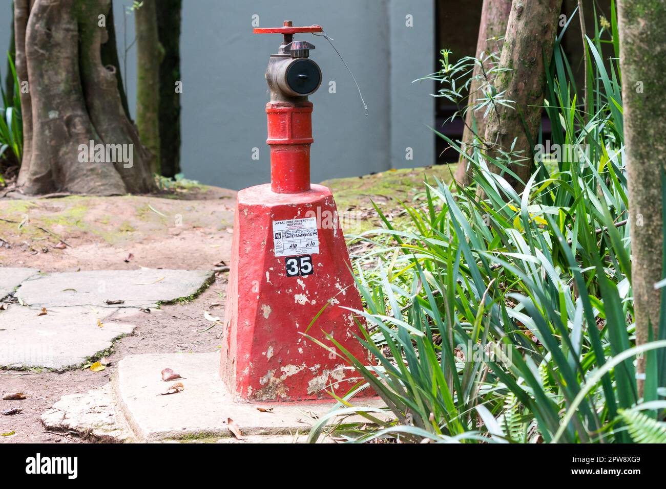 Borne incendie rouge à l'extérieur qui possède un certificat de conformité de sécurité concept d'équipement d'incendie d'urgence dans un hôtel de villégiature en Afrique du Sud Banque D'Images