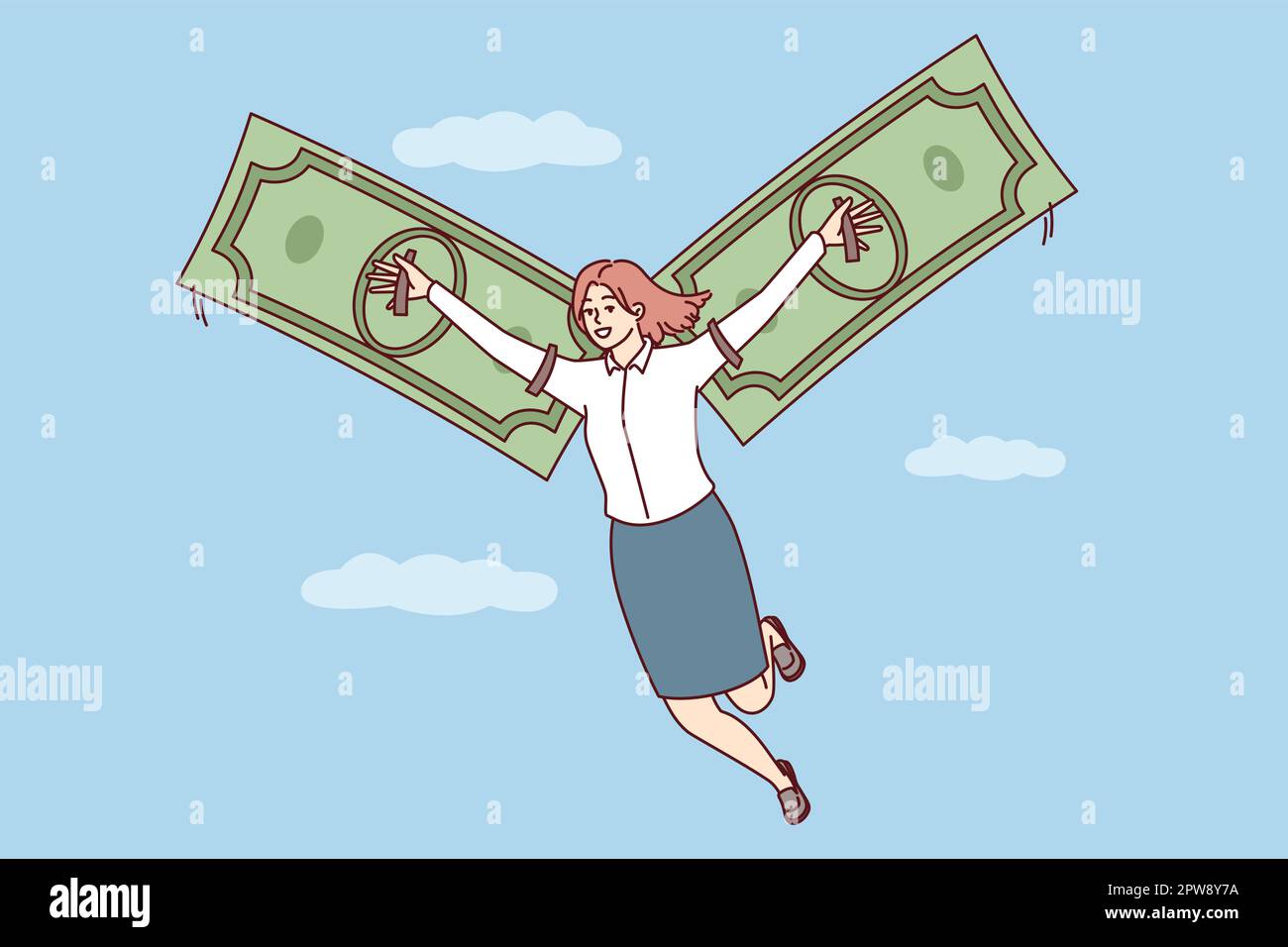Une femme heureuse vole dans le ciel parmi les nuages en utilisant des billets de banque au lieu d'ailes Illustration de Vecteur